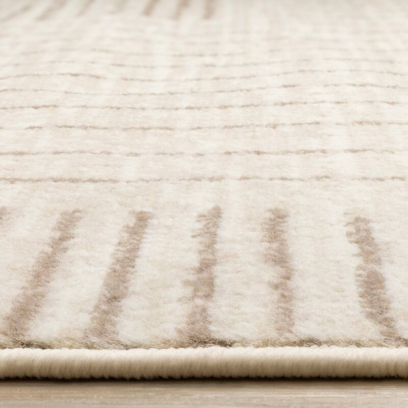 Beige Cream Geometric Stripes High-Traffic Rug