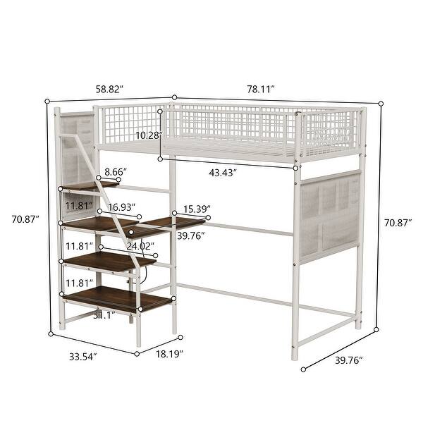 dimension image slide 0 of 2, Twin Size Loft Bed with Built-in Charging Station & LED Lighting, Heavy-Duty Metal Loft Bed Frame with Desk & Safety Guardrails