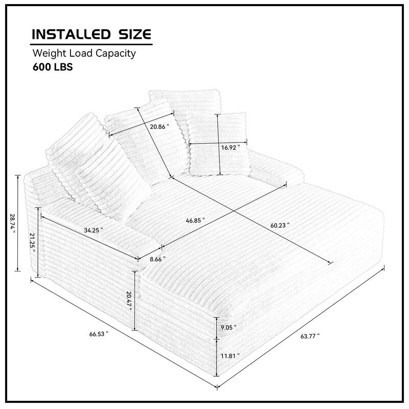 Modern Double Sleeper Sofa Comfortable Cloud Couch Soft Fluffy Corduroy Upholstery With Square Armrests Bedroom