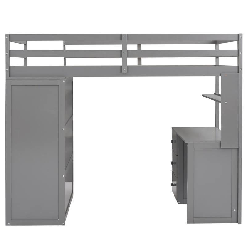 Space-Saving Twin Loft Bed with Desk, Drawers, and Wardrobe in Gray