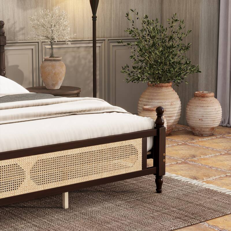 King Size Platform Bed with Rattan Headboard, Underbed Storage, Solid Pine Wood Frame