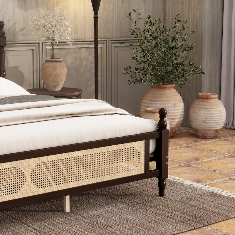 Roomfitters King Pine Wood Bed Frame with Rattan Headboard and Footboard, Central Reinforced Platform Support
