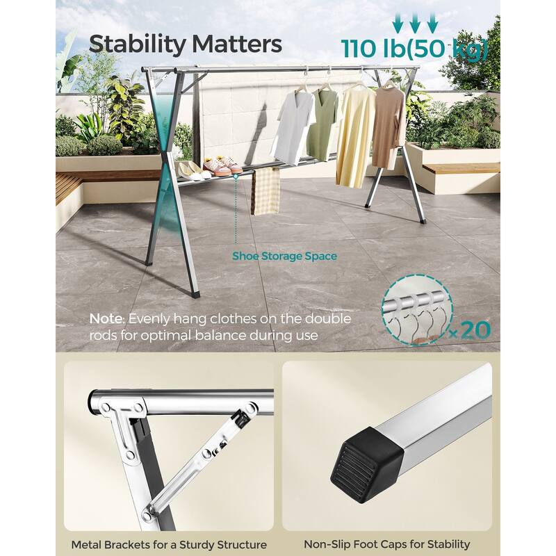 Dove Grey Stainless Steel Extendable and Foldable Clothes Drying Rack Ideal for Both Indoor and Outdoor Use