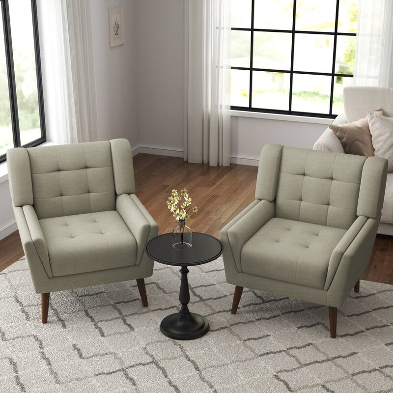 2 Set Mid Century Modern Linen Accent Armchair with Wooden Legs