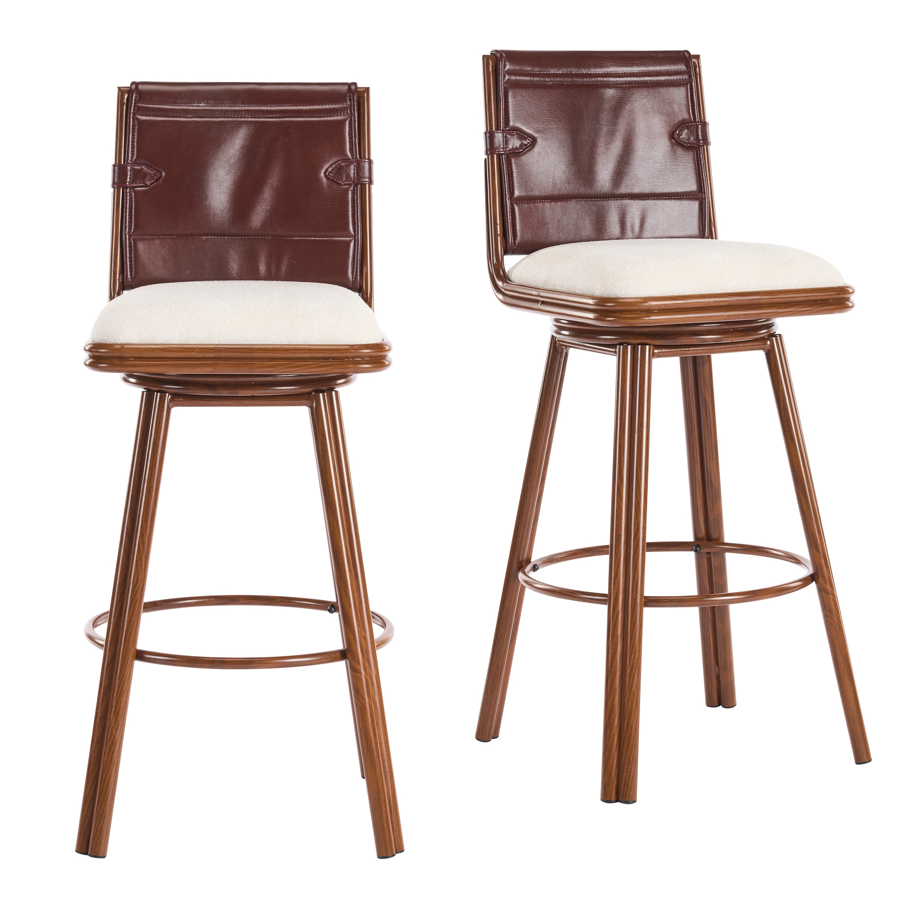 Mid-Century Modern Swivel Bar Stools Set of 2, PU Leather Upholstered Bar Stools, Kitchen Island Stools with Footrest