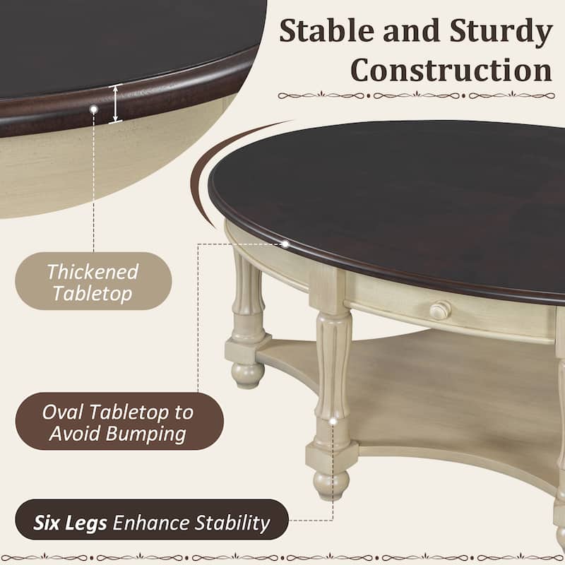 45'' Vintage Oval Coffee Table With Drawer And Storage Shelf, Cocktail Table , Elegant Accent Table For Living Room.
