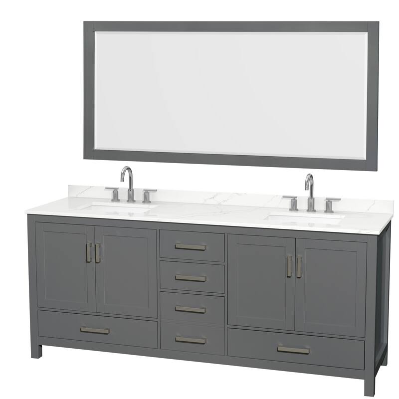 Sheffield 80-inch Double Vanity, 3 Hole Quartz Top, 70-inch Mirror - Dark Gray, Chrome Trim, Giotto Quartz Top