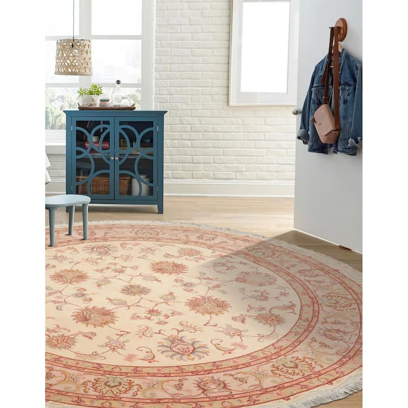 6'6''x6'6'' Hand Knotted Round 400 KPSI Wool Ivory Rug - 6' 6'' x 6' 6''-Round