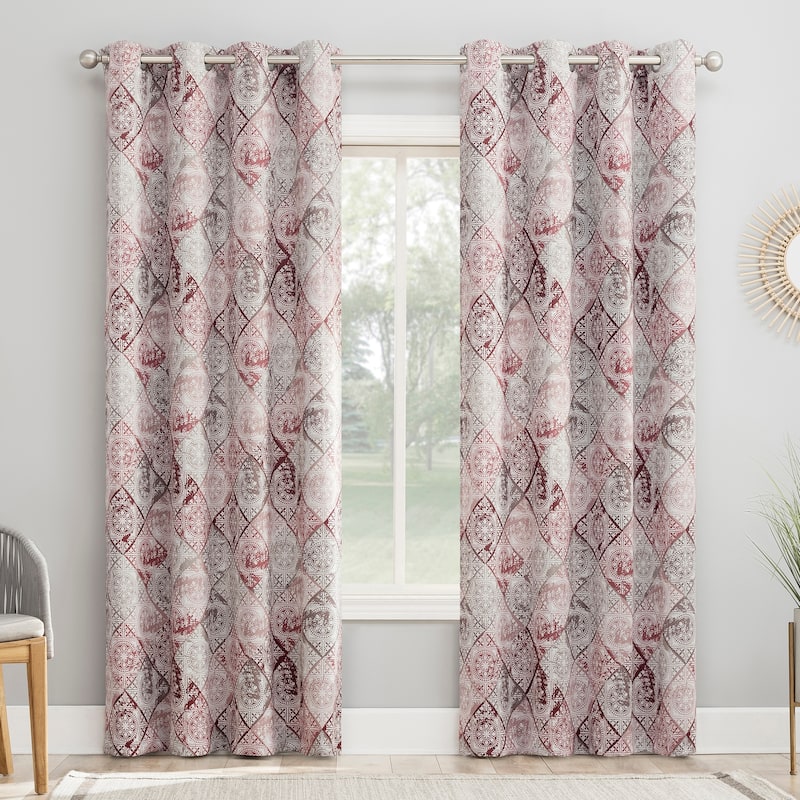 Sun Zero Sahar Global Medallion Print Room Darkening Grommet 1-Piece Curtain Panel, Single Panel - 54x63 - Rosewine