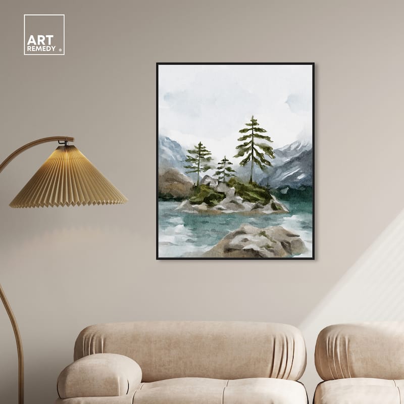 Art Remedy Cold Winter Lake Framed Landscape 1 Piece Canvas Wall Art Watercolor Style