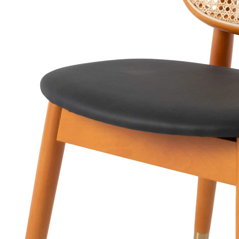 Holbeck Modern Rattan Leather Upholstered Dining Chair with Plush Padding Beech Wood Legs for Stylish Homes Set of 2