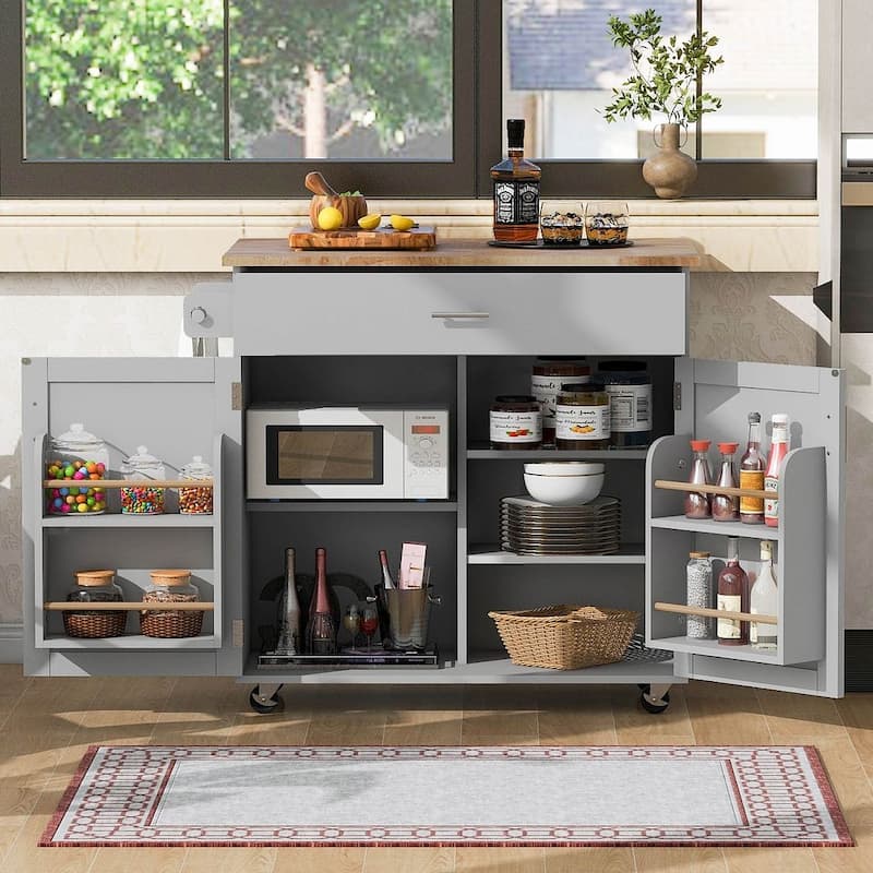39.00 "W Modern Rubberwood Top Kitchen Cart with Storage and Towel Racks