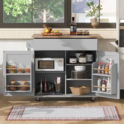 39.00 "W Modern Rubberwood Top Kitchen Cart with Storage and Towel Racks
