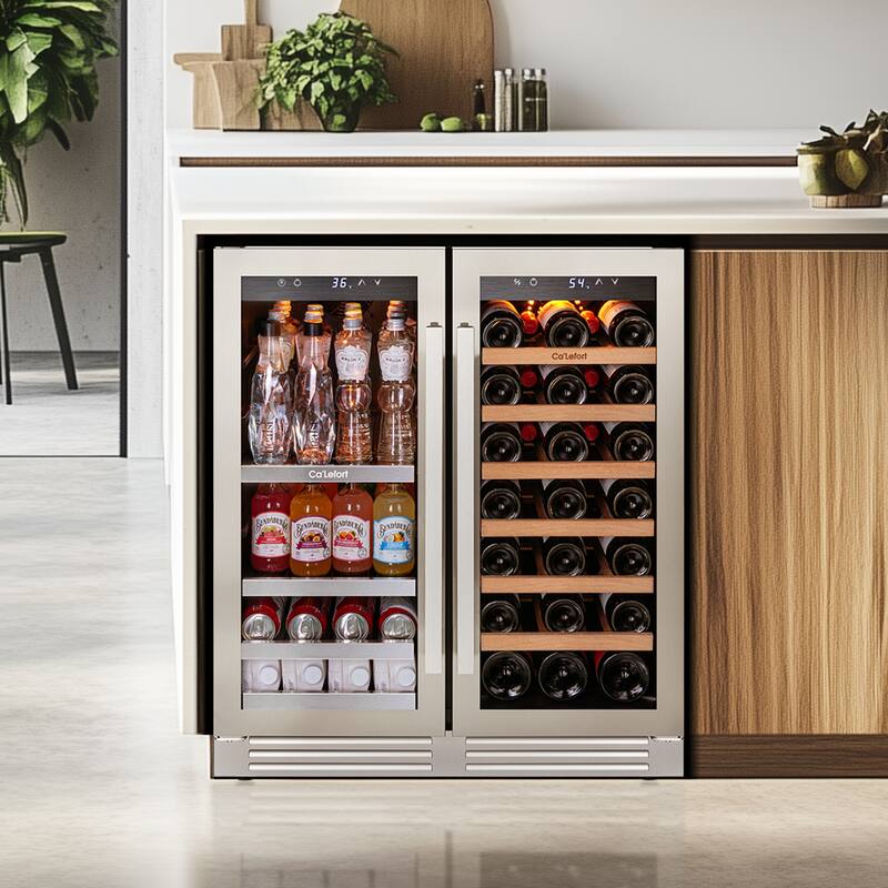 30 in. Beverage & Wine Cooler Dual Zone, 33-Bottles and 80 Cans Built-in Fridge with French Door