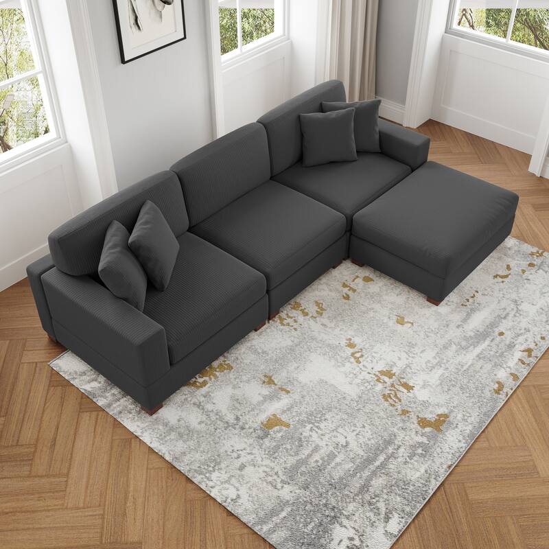 Ella 82" W/ 118" W Corduroy Modular Sectional Sofa with Ottoman