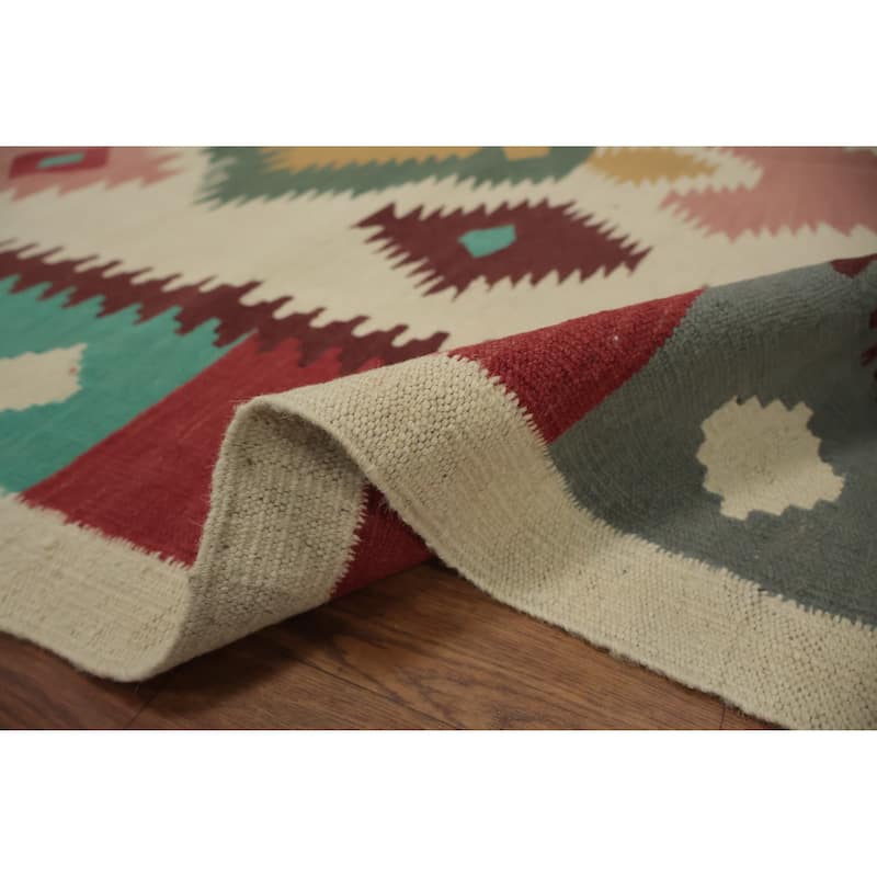 Hand Woven Oriental 100% Wool Carpet Southwestern Tribal Beige & Ivories Kilim Area Rug - 11' 9'' X 4' 10''