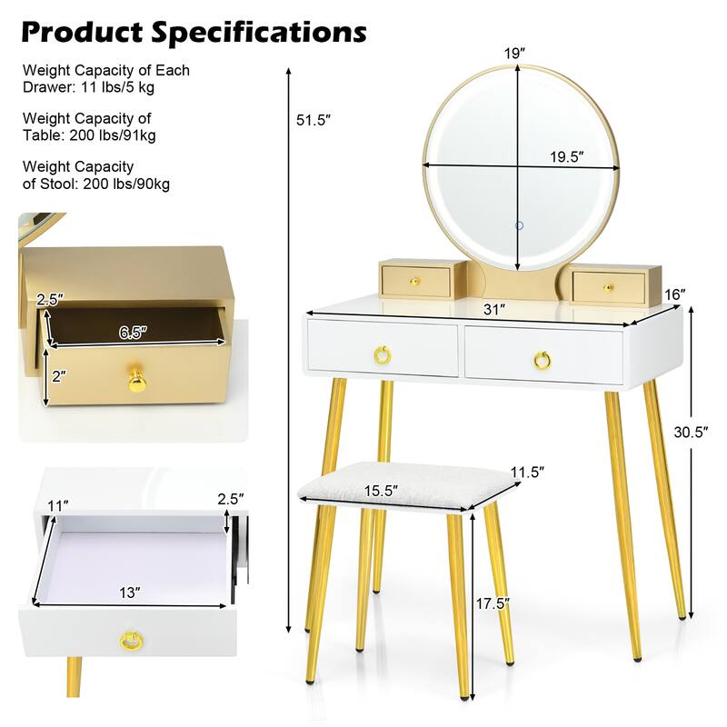 Vanity Table Set Makeup Dressing Table with Lighted Mirror and Stool