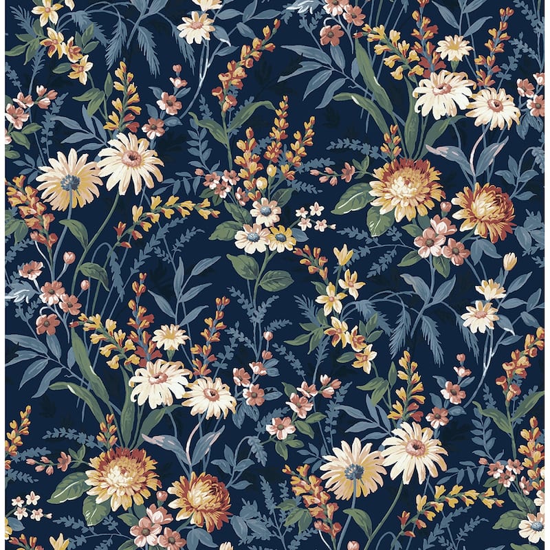 NextWall Vintage Floral Peel and Stick Wallpaper - 20.5 in. W x 18 ft. L - Navy Blue