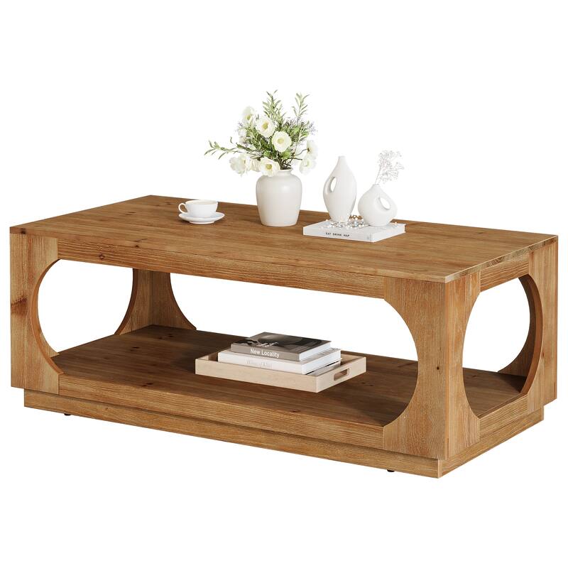 Rectangular Solid Wood Coffee Table with Storage for Living Room