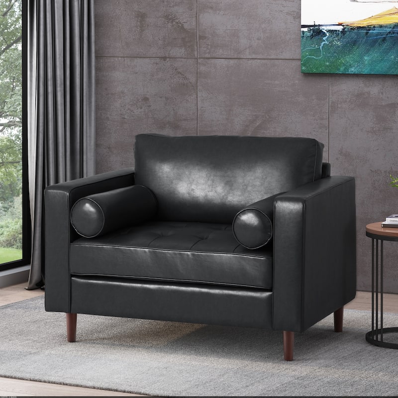 Roomfitters Faux Leather Armchair with Tufted Seat, Round Bolster Pillows and Wooden Legs for Living Room, Black - Black