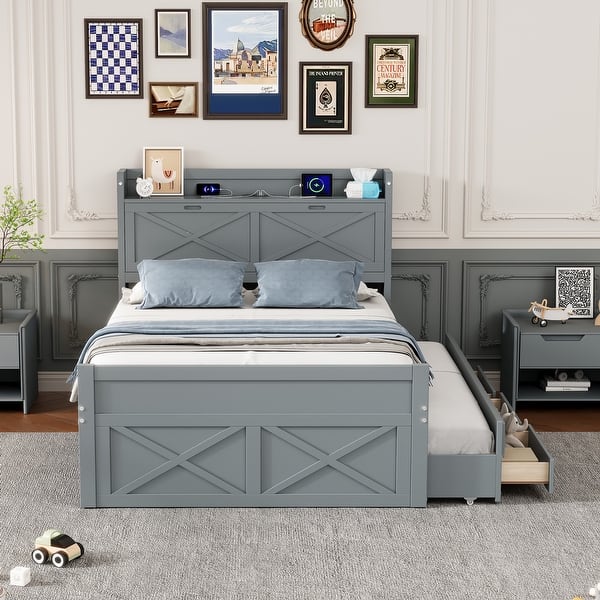 slide 2 of 11, Full Size Bed Frame, Storage Headboard, Outlets,Trundle,3 Drawers,Gray