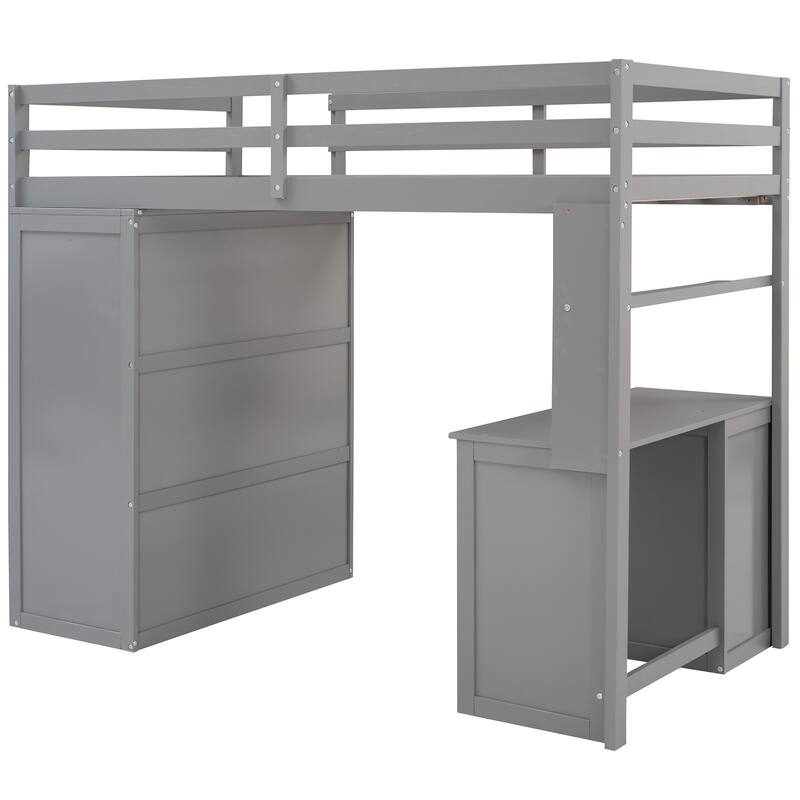 Space-Saving Twin Loft Bed with Desk, Drawers, and Wardrobe in Gray
