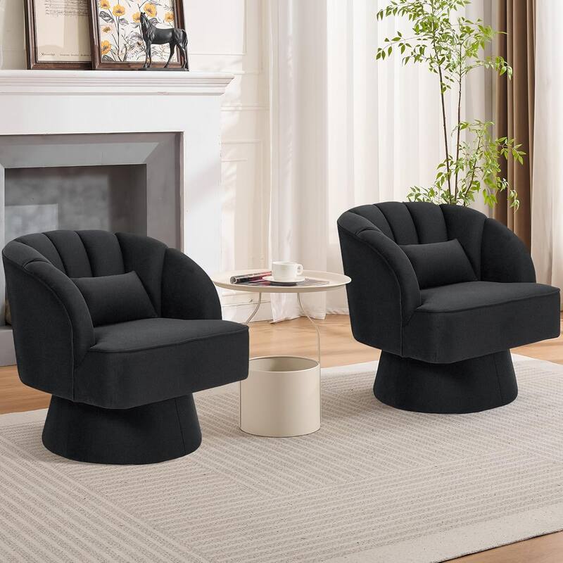 Modern Swivel Barrel Accent Chair, 360° Upholstered Armchair with Striped Backrest & Plush Padding(Set of 2) - Black Velvet