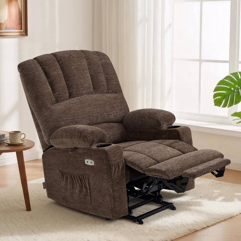 Power Lift Recliner Chair for Elderly, Massage and Heat, Faux Leather & Fabric - Fabric-Coffee