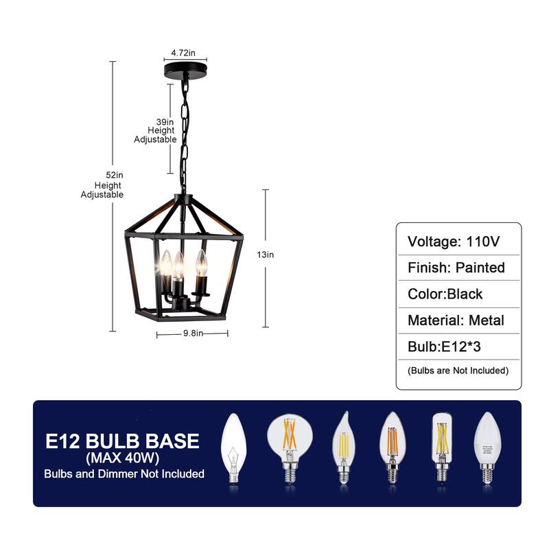 Farmhouse Lantern Chandelier 3-Light with Rustic Open Cage and Adjustable Hanging Height