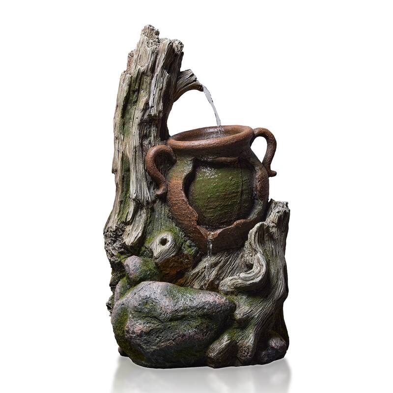 Vbal Outdoor Water Fountain with LED Lights – Weather-Resistant Faux Wood Tree Trunk Design