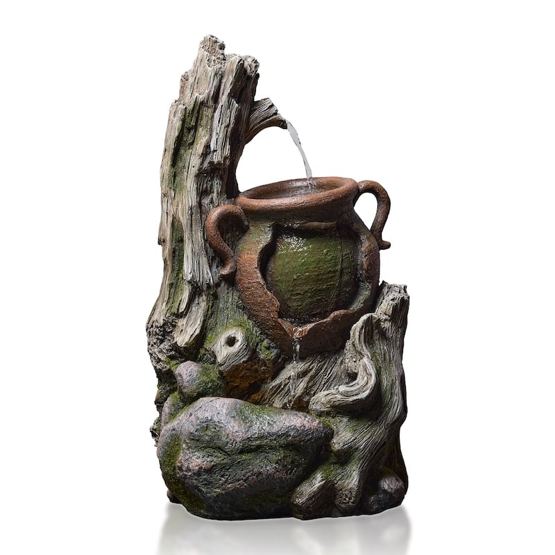 Vbal Outdoor Water Fountain with LED Lights – Weather-Resistant Faux Wood Tree Trunk Design