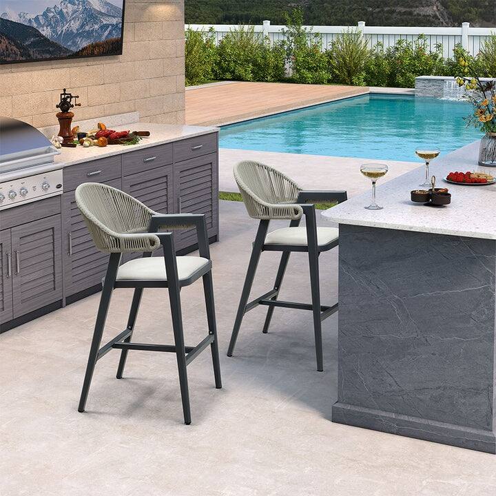 PURPLE LEAF Outdoor Bar Stools Chair Set of 2, All Weather Rattan and Aluminum Patio Bar Stool with Cushion
