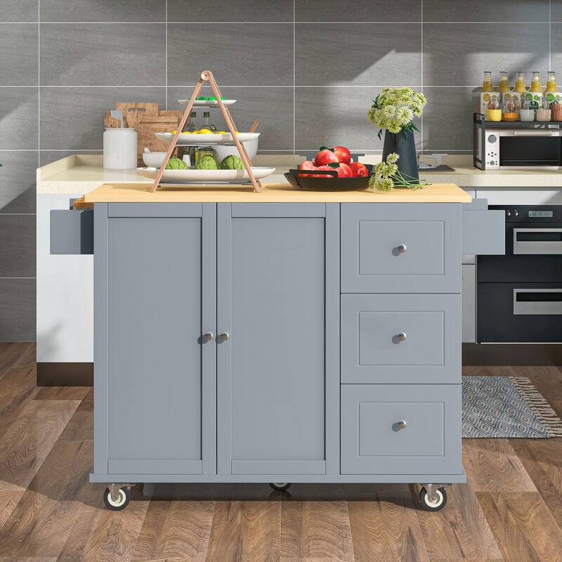 Rolling Mobile Kitchen Island with Drop Leaf - Solid Wood Top