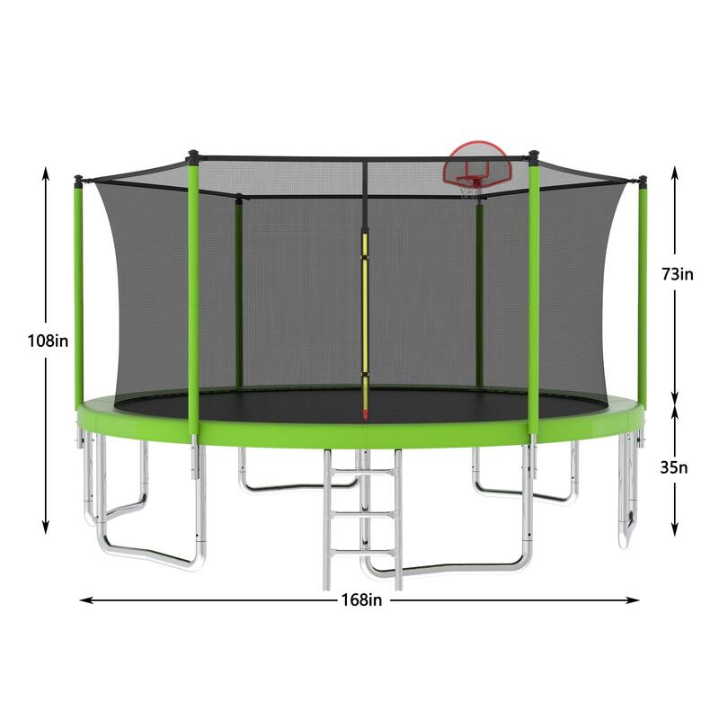 Outdoor Kids Trampoline with Basketball Hoop and Ladder, with Safety Enclosure for Backyard Fun - Green - 14FT