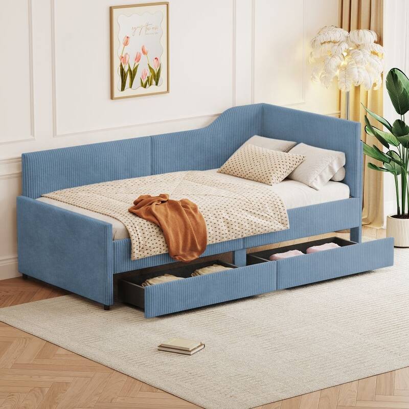 Twin Size L-Shaped Corduroy Daybed,Upholstered Bed Frame with 2 Storage Drawers