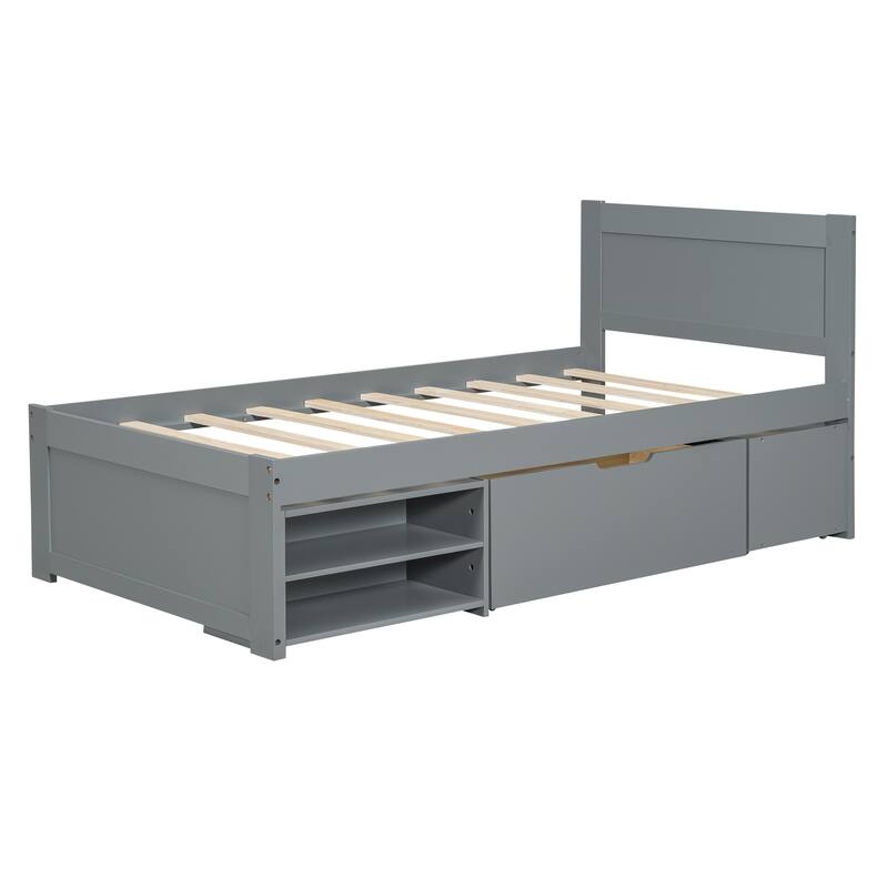 Modern Bed with Drawer & 2 Storage Shelves