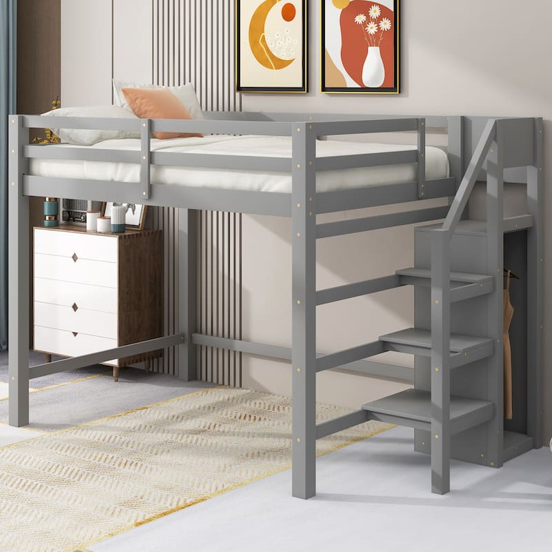 Full Size Loft Bed with Built-in Storage Wardrobe and Staircase in Gray