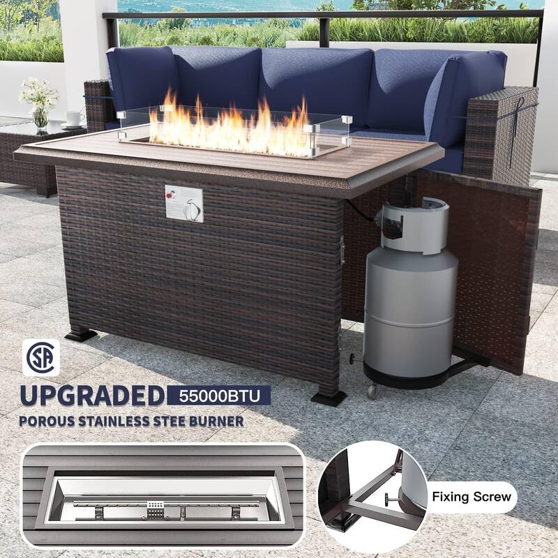 Patio Furniture Sets, Outdoor Wicker Sectional with Firepit Table Side Table for Cabinet Deck Balcony - 13-Pieces