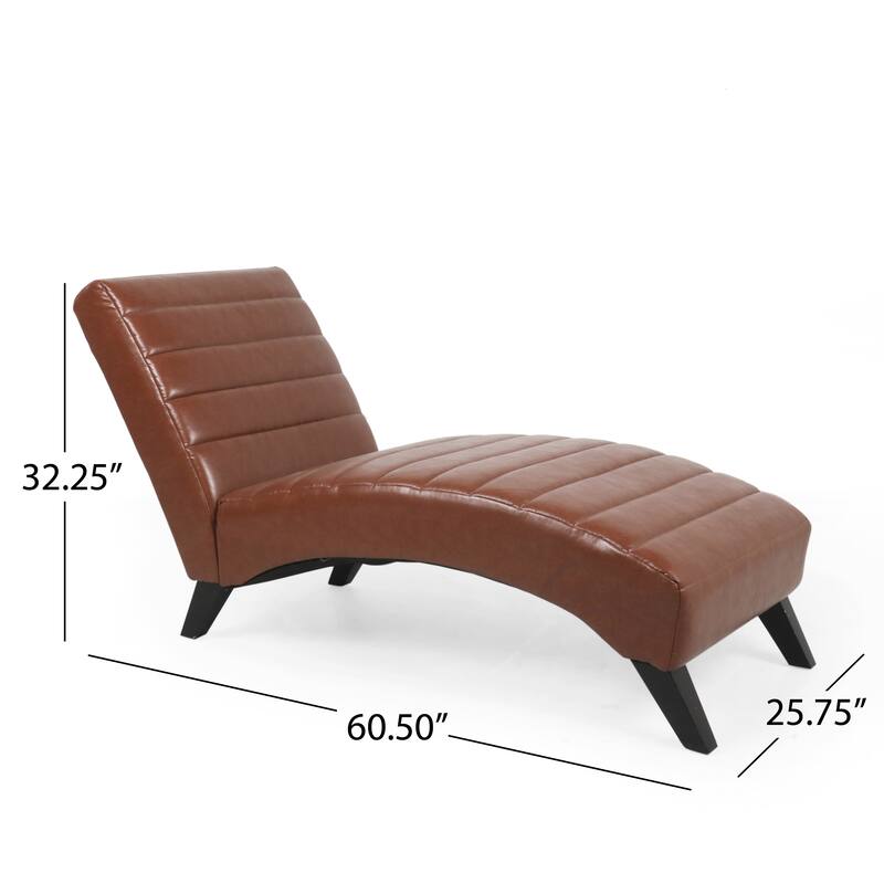 Roomfitters Modern Faux Leather Chaise Lounge with Curved Seat and Padded Channel Tufting, Light Brown