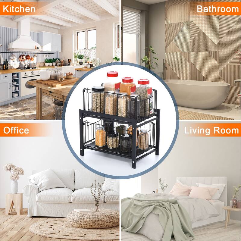 2 Tier Under Sink Cabinet Organizer with Sliding Drawer Pull Out Baskets, Black