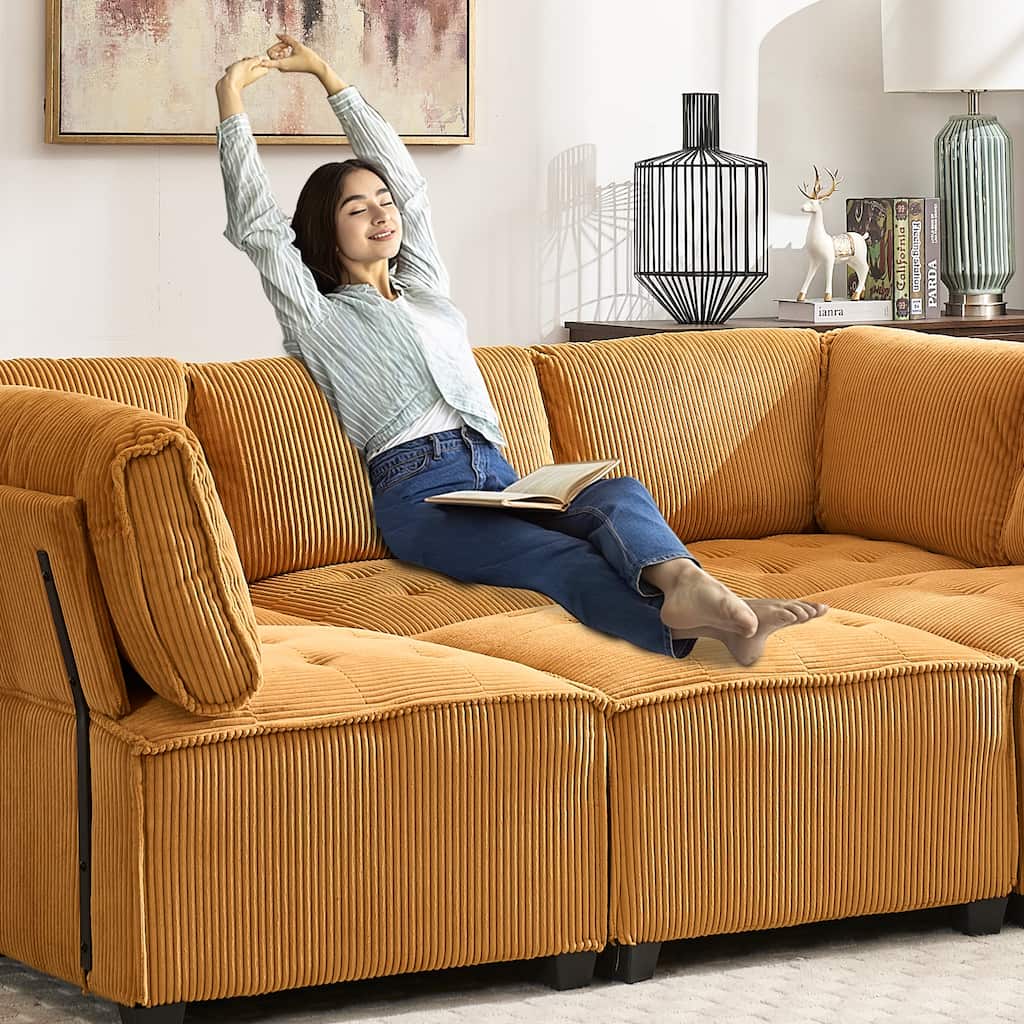 U-Shaped Modular Sectional Sofa, Oversized Corduroy Cloud Couch with Reversible Chaise, Comfy Convertible 6-Seat Corner Couch