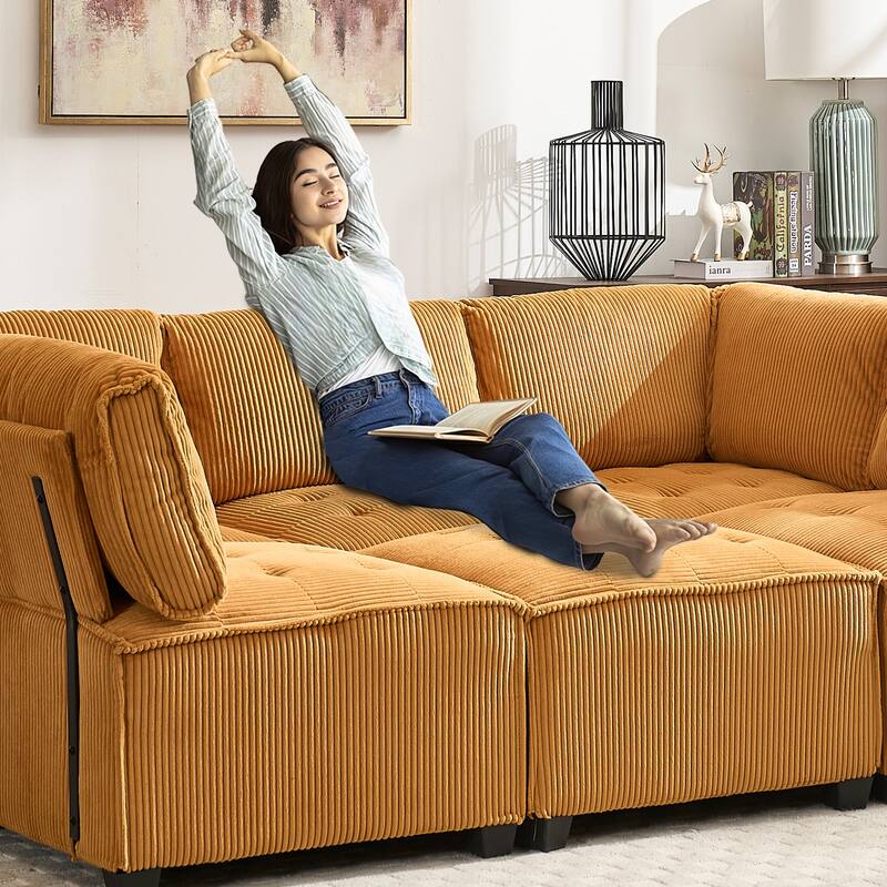 U-Shaped Modular Sectional Sofa, Oversized Corduroy Cloud Couch with Reversible Chaise, Comfy Convertible 6-Seat Corner Couch - Mustard yellow