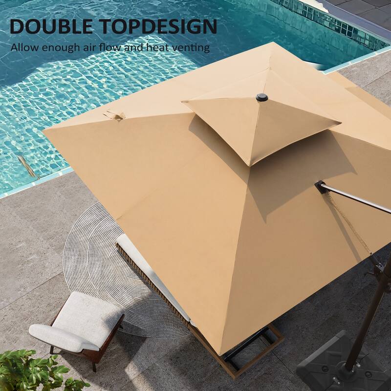 11 FT Square Outdoor Patio Cantilever Umbrella with Solar Lights Wheeled Base Double Canopy 360 Rotation Tilt