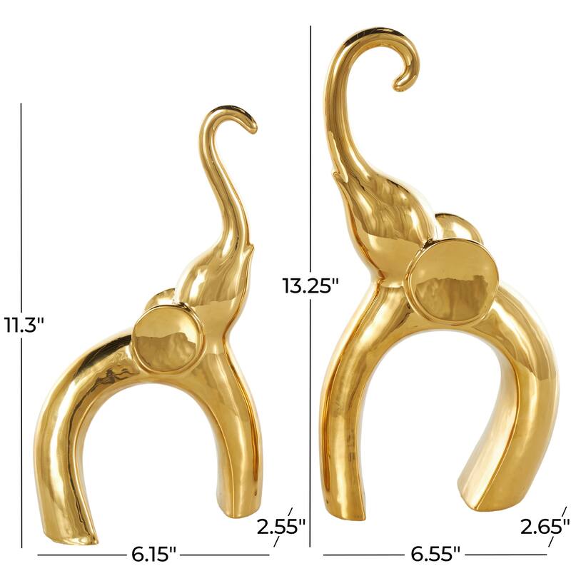 Silver or Gold Ceramic Abstract Arched Cutout Elephant Decorative Sculpture (Set of 2)