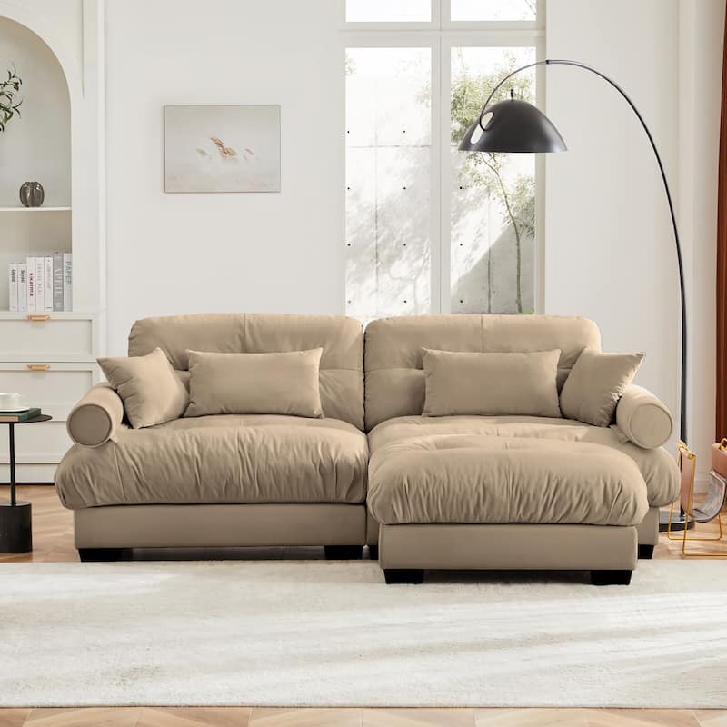 Modern Sectional Couch Comfortable Upholstered Sofa Set with Lumbar Pillow and Throw Pillow for Living Room - 2 Seats + 1 Ottoman - Camel