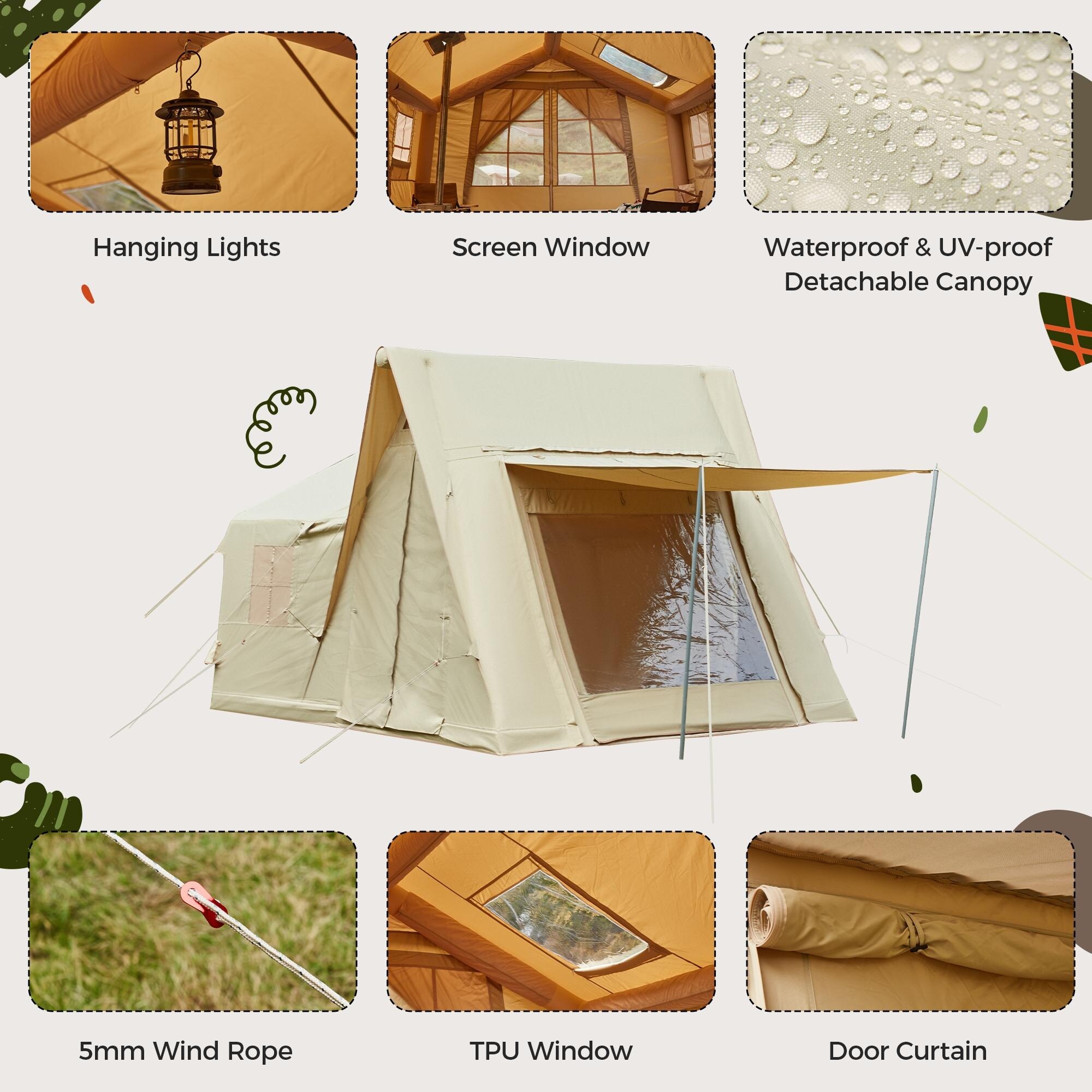 Inflatable Camping Tent for 8-12 People, with Skylights, Chimney