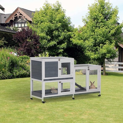 PawHut Wooden Rabbit Hutch Elevated Pet House Bunny Cage Small Animal Habitat Grey