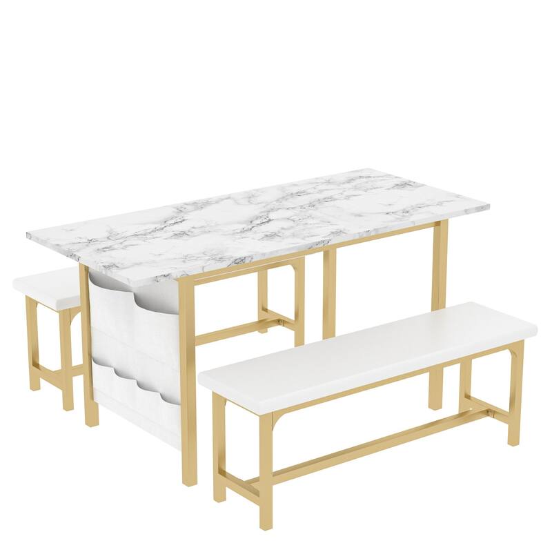 VECELO 3-Piece Dining Table Set with 2 Benches, 63" Extendable Kitchen Table & Chairs Set for 4-8, Dining Room Table