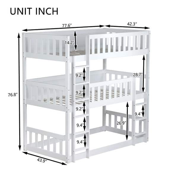 dimension image slide 0 of 3, Triple Rubber Wood Detachable Bunk Bed with Ladders and Guardrails,Twin Size