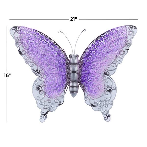 dimension image slide 2 of 3, Iron Metal Eclectic Butterfly Wall Decor in Blue, Purple, or Green (16" H X 21" W) - 16 x 21